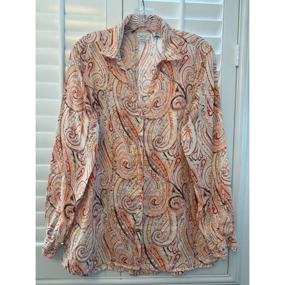 Linen Long Sleeve Shirt Rachel Zoe 100% European Flax Paisley Button Down Size L